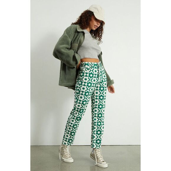 Pacsun Green & White Daisy High Waisted Straight Leg Jeans size 26 - Picture 1 of 8